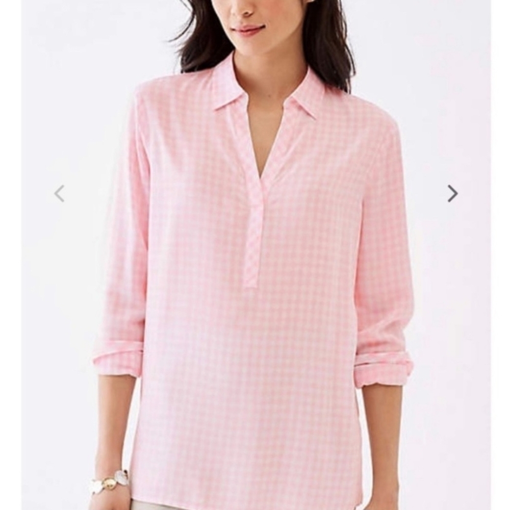 J. Jill Pink Gingham Print Collared V-Neck Long Sleeve Pullover Shirt Size M
